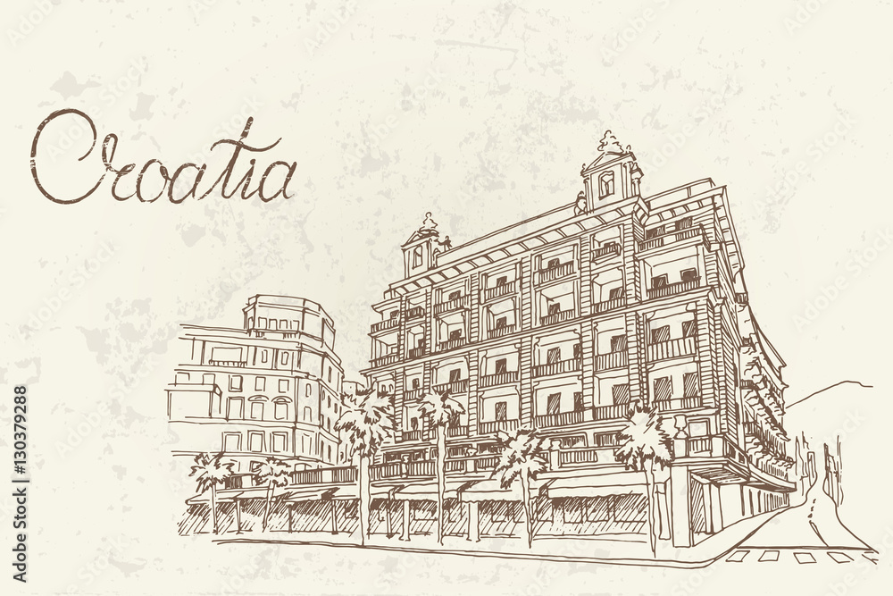 vector sketch of street scene in Opatija. Croatia.