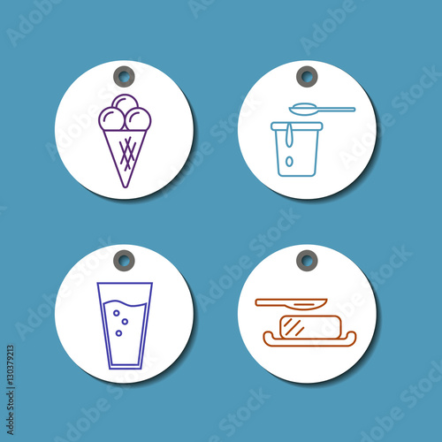 Price tags with dairy products icons in line style design on white background, vector illustration. Natural and healthy food. Traditional farmers products. Organic shop round labels.