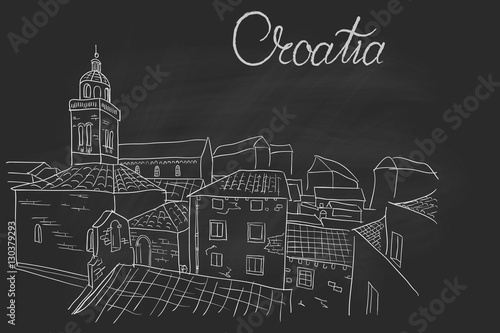 architecture of Korcula  Croatia. Vector sketch on chalkboard background.