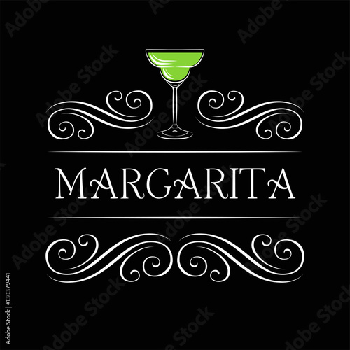 Margarita, Drinking Glass, Cocktail, on chalk boad. Filigree swirl decoration