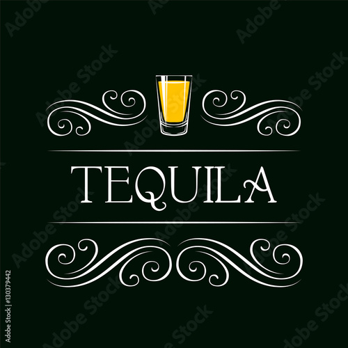 Tequila shot. Filigree Swirl Decoration. Restaurant menu.