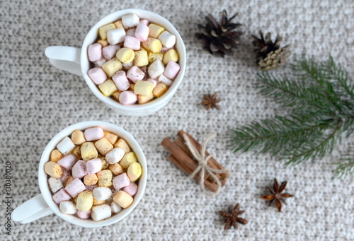 Hot cocoa with marshmallows and Christmas decorations 