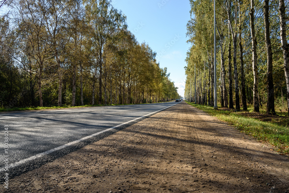 Paved road between green trees on blue sky background Paved road between green trees on blue sky background