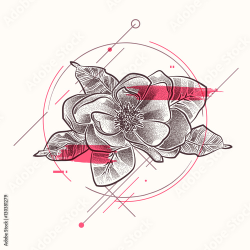 Tattoo flower with floral elements in dotwork style.