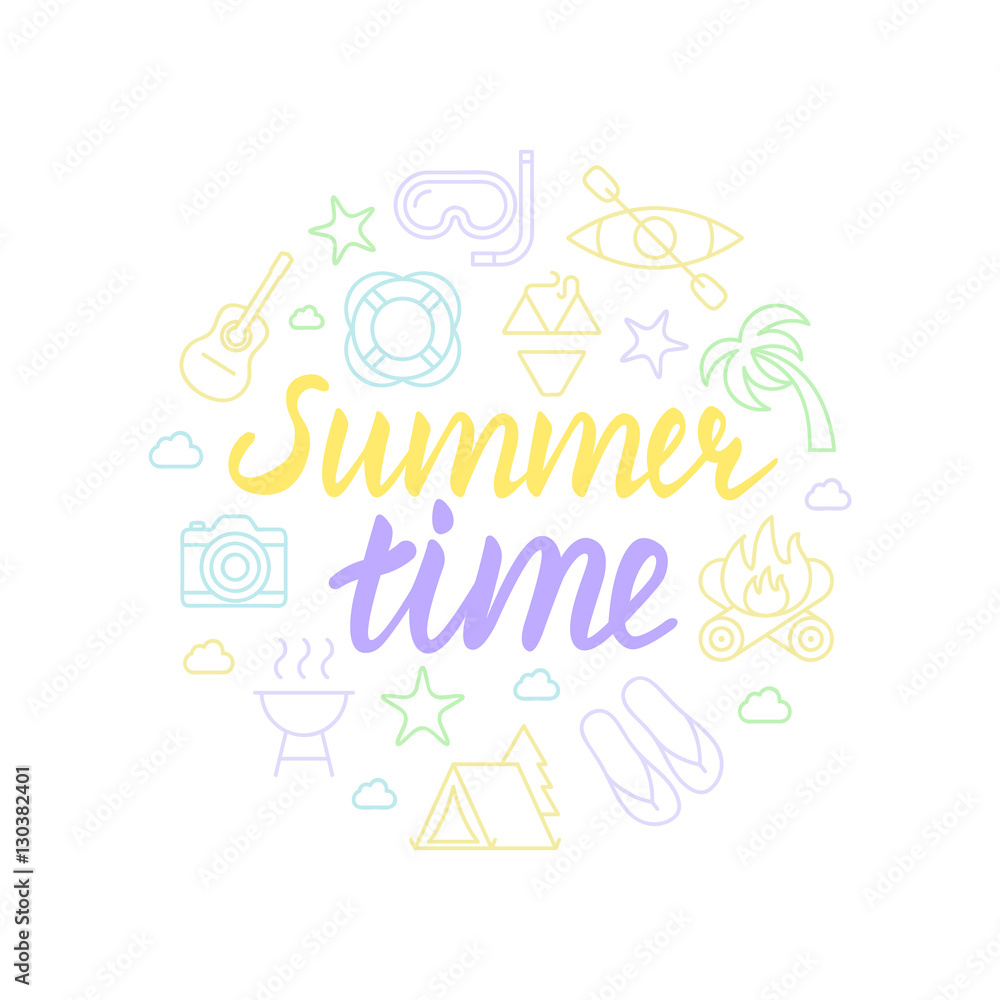 Summer time lettering with icons. Calligraphy font