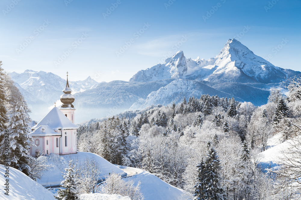 Church of Maria Gern with Watzmann in winter, Berchtesgadener Land, Bavaria, Germany
