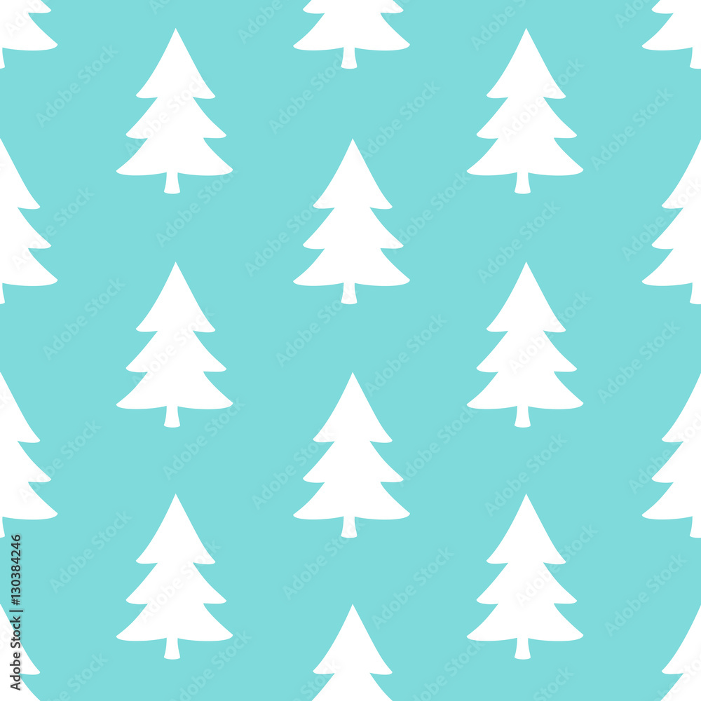 Seamless pattern with Christmas trees in white on blue background.