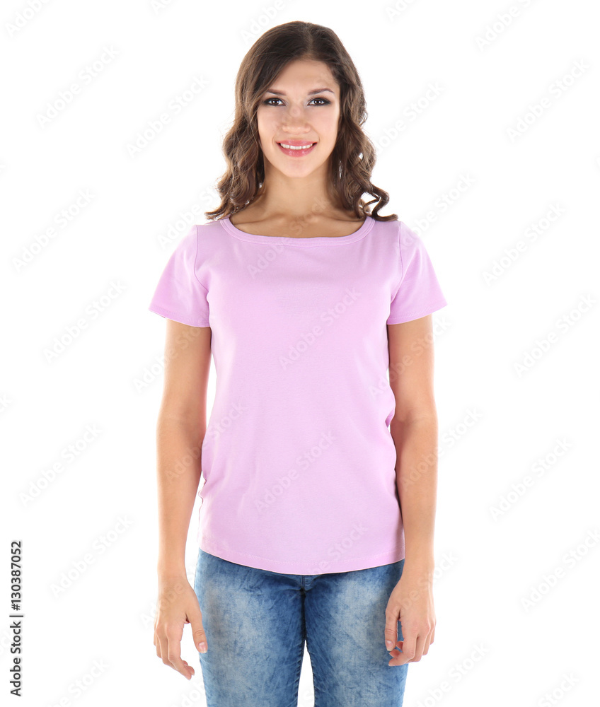 Young woman in blank color t-shirt on white background