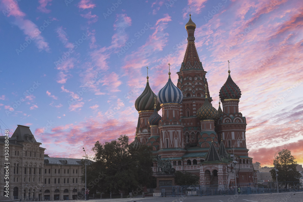 St. Basil's Cathedral on Red Square in Moscow and the morning