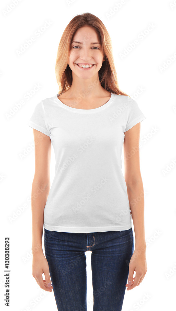 Young woman in blank t-shirt on white background Young woman in blank t-shirt on white background