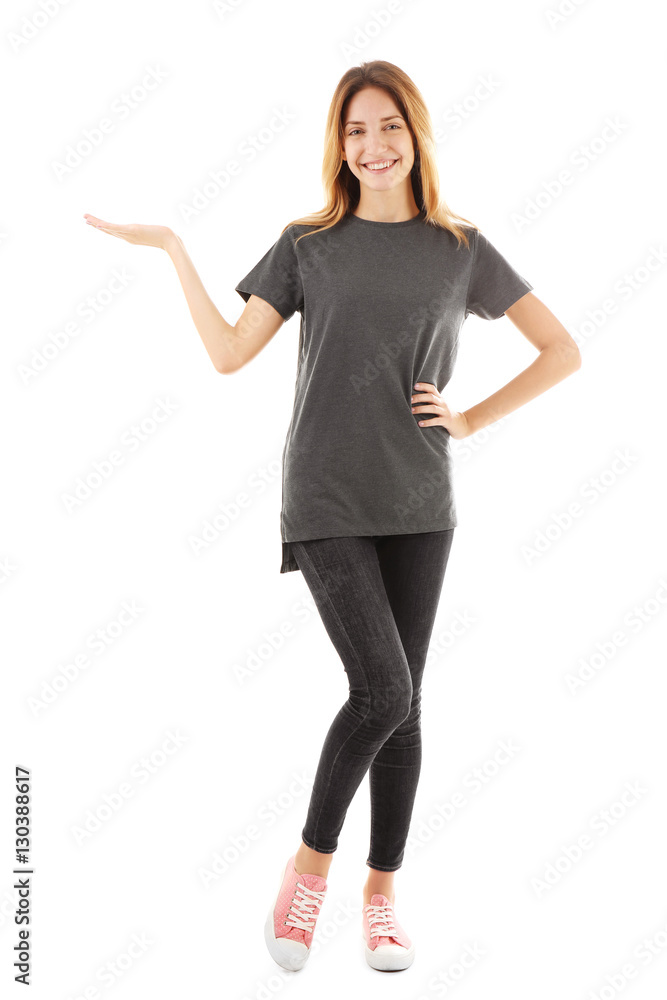 Young woman in blank grey t-shirt on white background Young woman in blank grey t-shirt on white background
