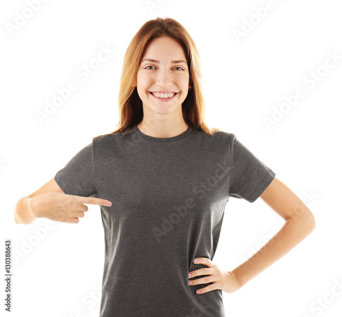 Wallpaper Mural Young woman in blank grey t-shirt on white background Torontodigital.ca