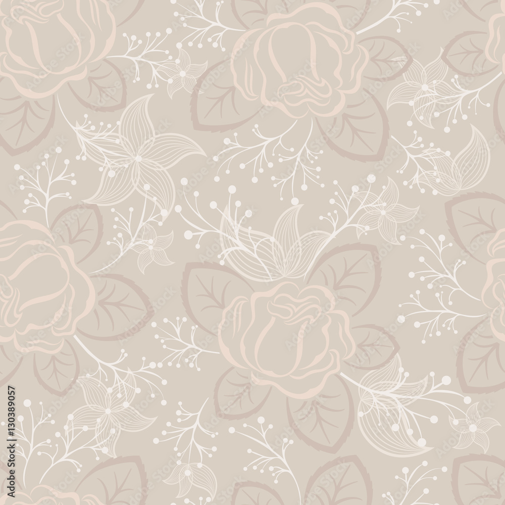 Seamless beige and white rose vector pattern.
