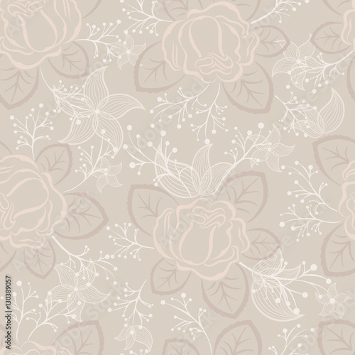 Seamless beige and white rose vector pattern.