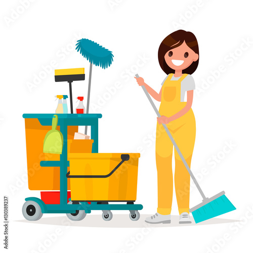 Woman worker of cleaning service is holding a mop. Vector illust
