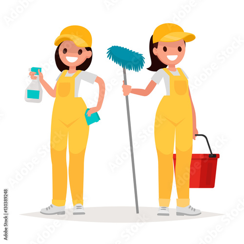 Women workers of cleaning company on a white background. Vector