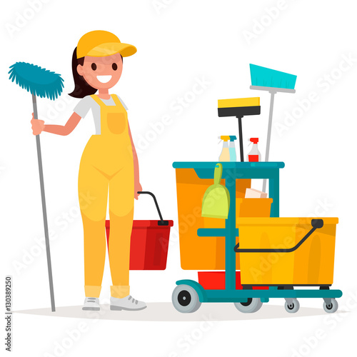 Woman worker of cleaning service is holding a mop and bucket.