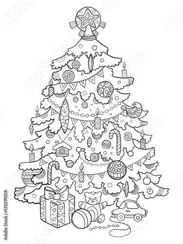 Christmas tree cartoon coloring book vector