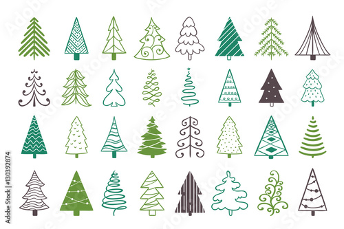 Christmas trees cute decoration elements. Fir trees on white background