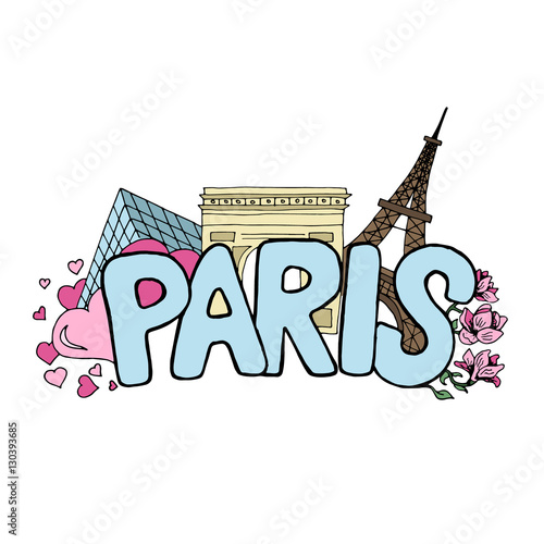 Spring in Paris vector colored sketch with famous landmarks, blossom magnolia flowers and falling hearts