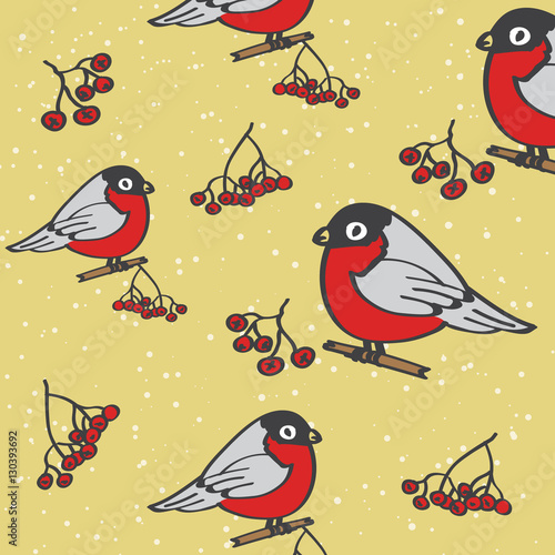 Drawing of bullfinches sitting on rowan brunches on golden background