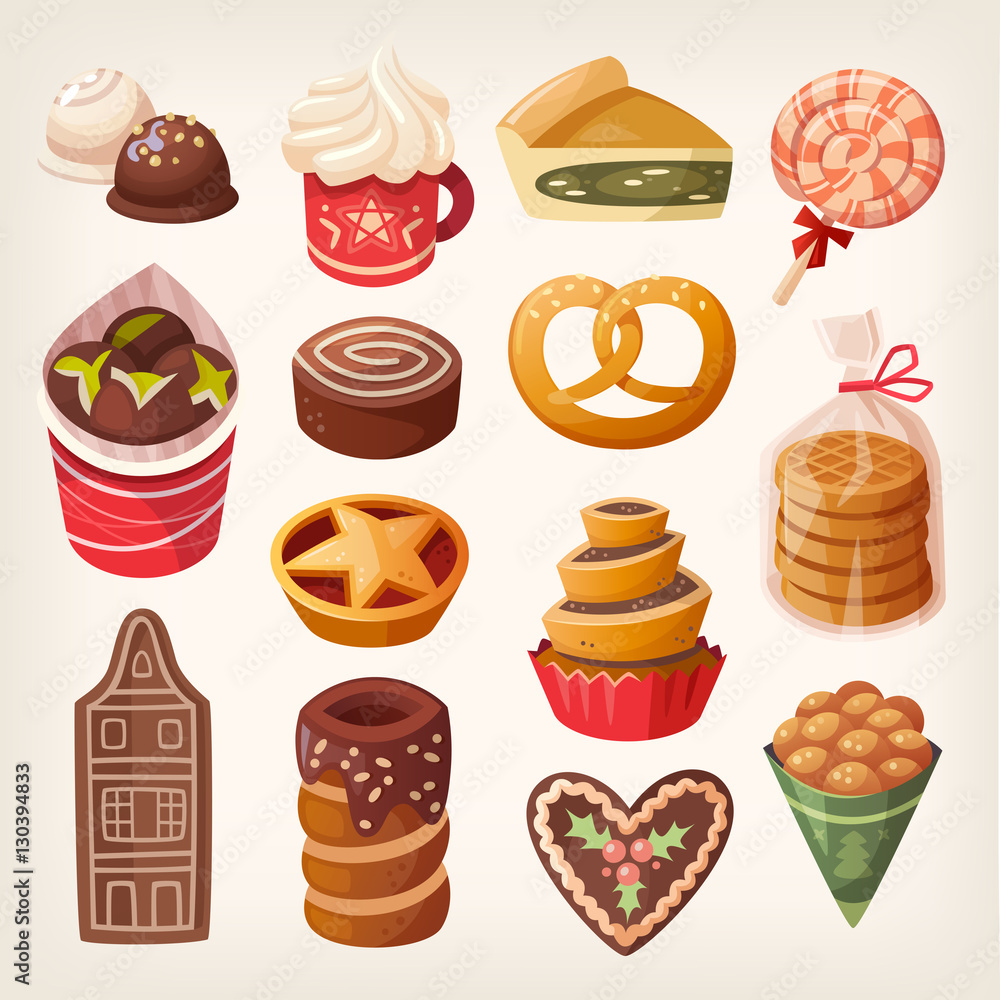 Set of colorful flat stickers and icons, christmas decorations and christmas tree balls and toys Set of colorful flat stickers and icons, christmas decorations and christmas tree balls and toys