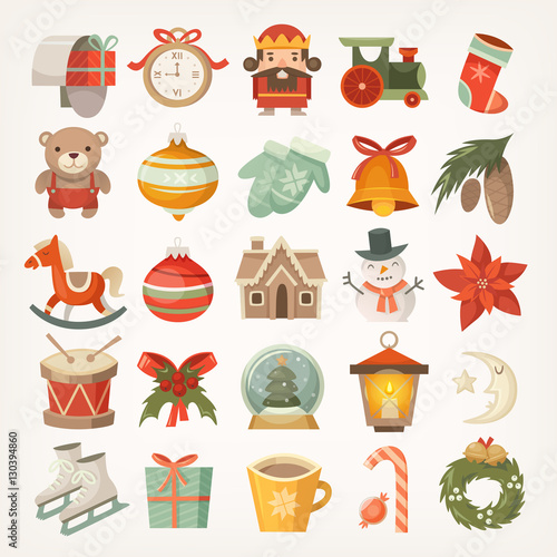 Set of colorful flat stickers and icons, christmas decorations and christmas tree balls and toys
