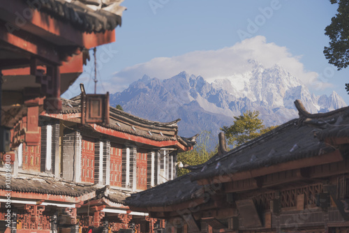 Old town and Jade dragon of Lijiang, Yunnan province, China.