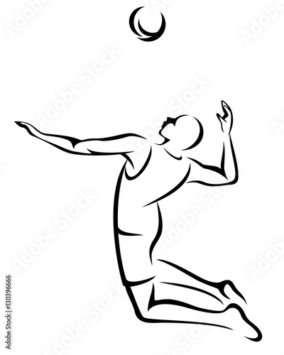 volleyball player serving the ball - black and white vector outline