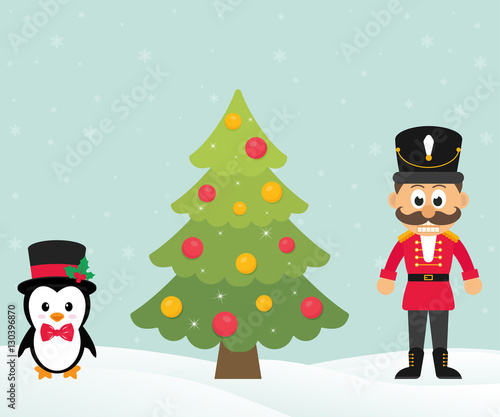 cute penguin with christmas fir tree and cartoon nutcracker © julia_january