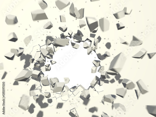 Wall explosion with white copy space background.