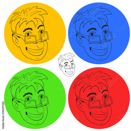 Funny boy sticker in colorful circles.