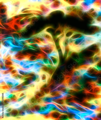 abstract tree silhouette with multicolor background and fractal effect.