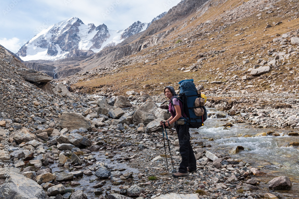 Hiker relaxing at mountains, Tien Shan, Kyrgyzstan. Hiker relaxing at mountains, Tien Shan, Kyrgyzstan.