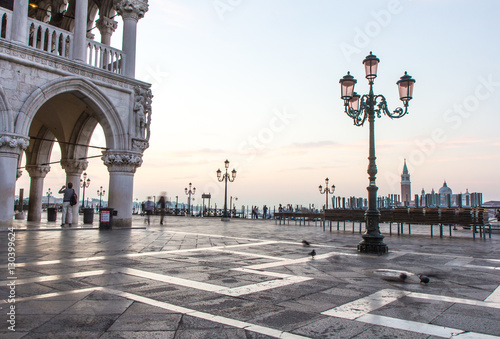 Empty St Marc square at sunrise in Venice, Italy.