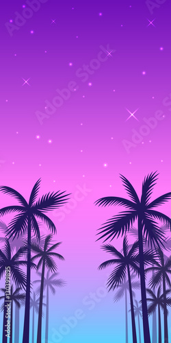 Poster with the shadows of palm trees of yellow-red sunset background.