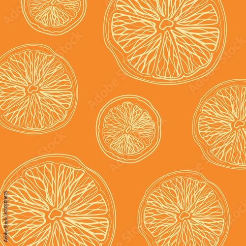 Sketch of sliced citrus fruit on orange background square composition