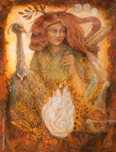 medieval pilgrim and minnesanger girl with her company, fairytale story illustration