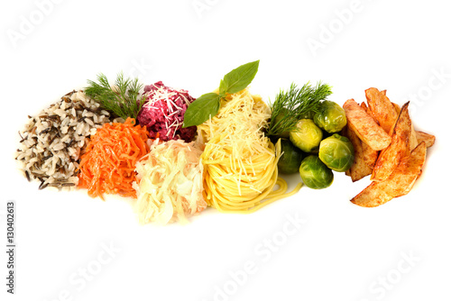 Fototapeta Naklejka Na Ścianę i Meble -  set vegetable garnish on white background. pasta, cheese, cabbage, potatoes, beets, rice
