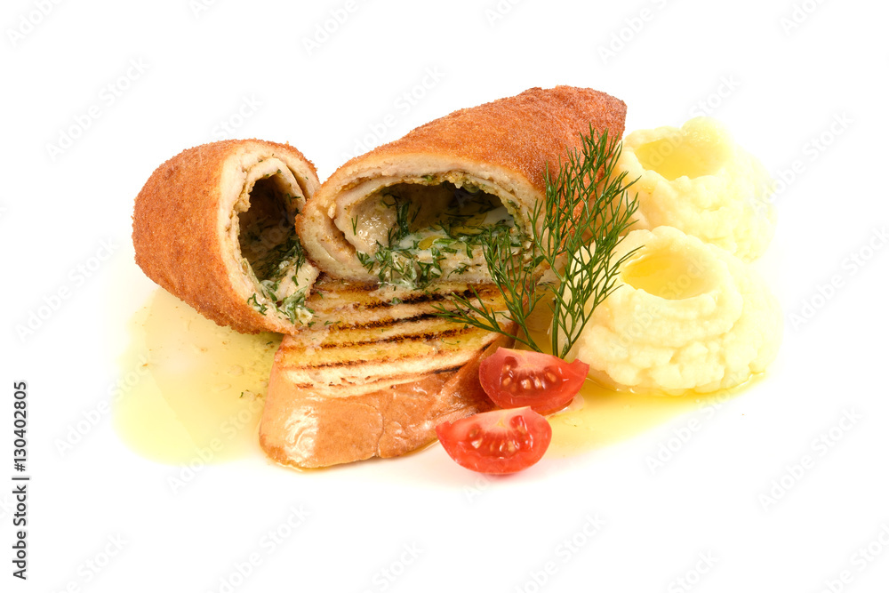 chicken and  Kiev with mashed potatoes. Chop  fillet stuffed  juicy butter, cheese  greens on white background