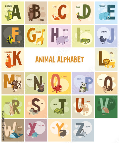 alphabet, names and animals on colored backgrounds