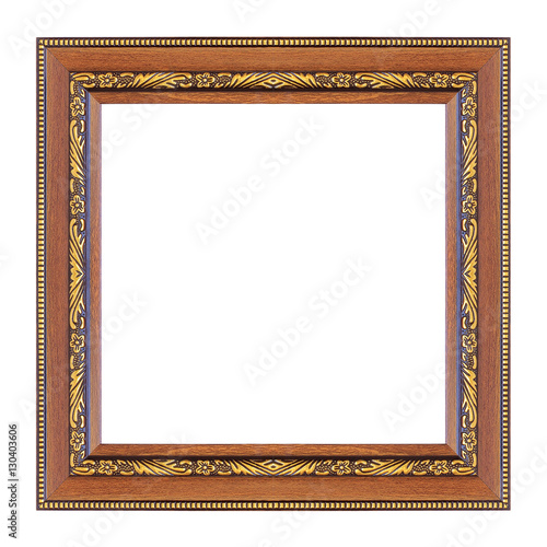 The antique wooden and gold frame on the white background