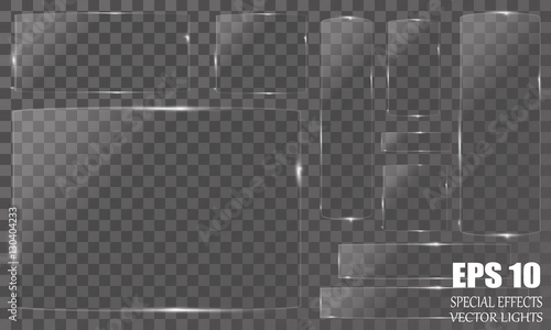 Glass plates set. Vector glass banners on transparent background.