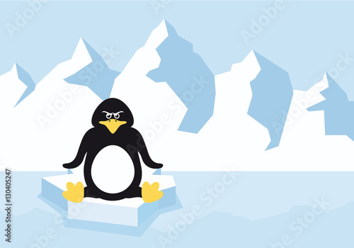 Cartoon penguin on a ice floe. Cartoon Character penguin. Vector illustration of an angry penguin