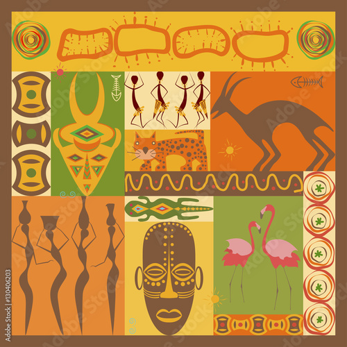 Conceptual ethnic illustration with different african animals, ornament, mask and people made in flat design style Travel to africa banner template Explore the world. Vector eps10