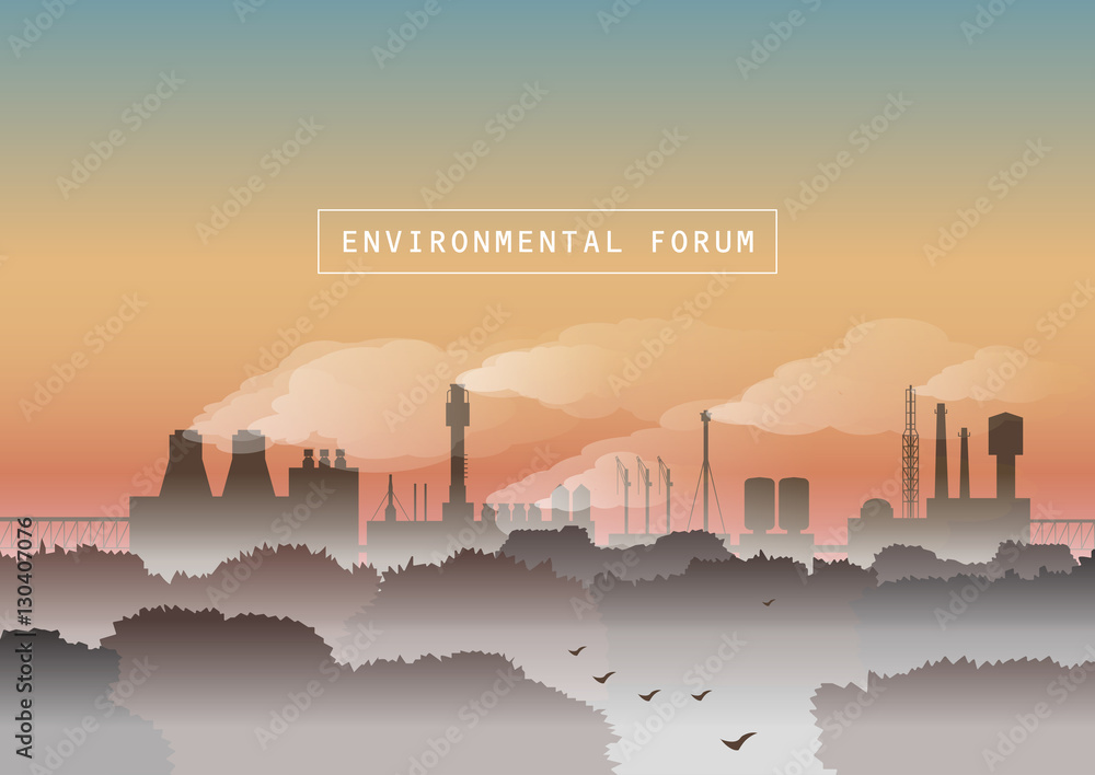 Environmental vector illustration. Trees and factory with smoke in fog on background of sunrise. Protection of environment, urban landscape, ecology, air pollution, exhaust fumes, autumn morning.