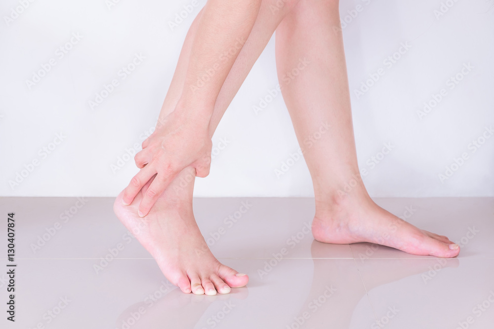 Woman injured leg with calf feeling pain . Woman injured leg with calf feeling pain .