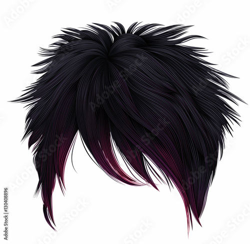 trendy woman short  hairs  black pink  colors .
 long fringe . fashion beauty style . emo Japanese . 