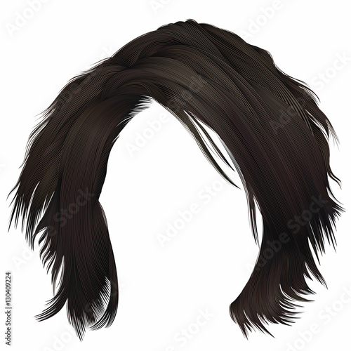 trendy  woman disheveled hairs kare with fringe  . dark  brown brunette  color . 
medium length . beauty style . realistic  3d .
