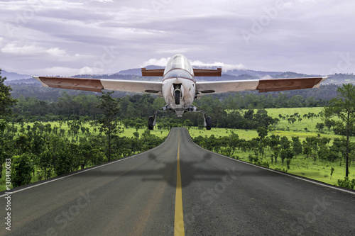 The vintage aircraft  was to land on the road in the forest.